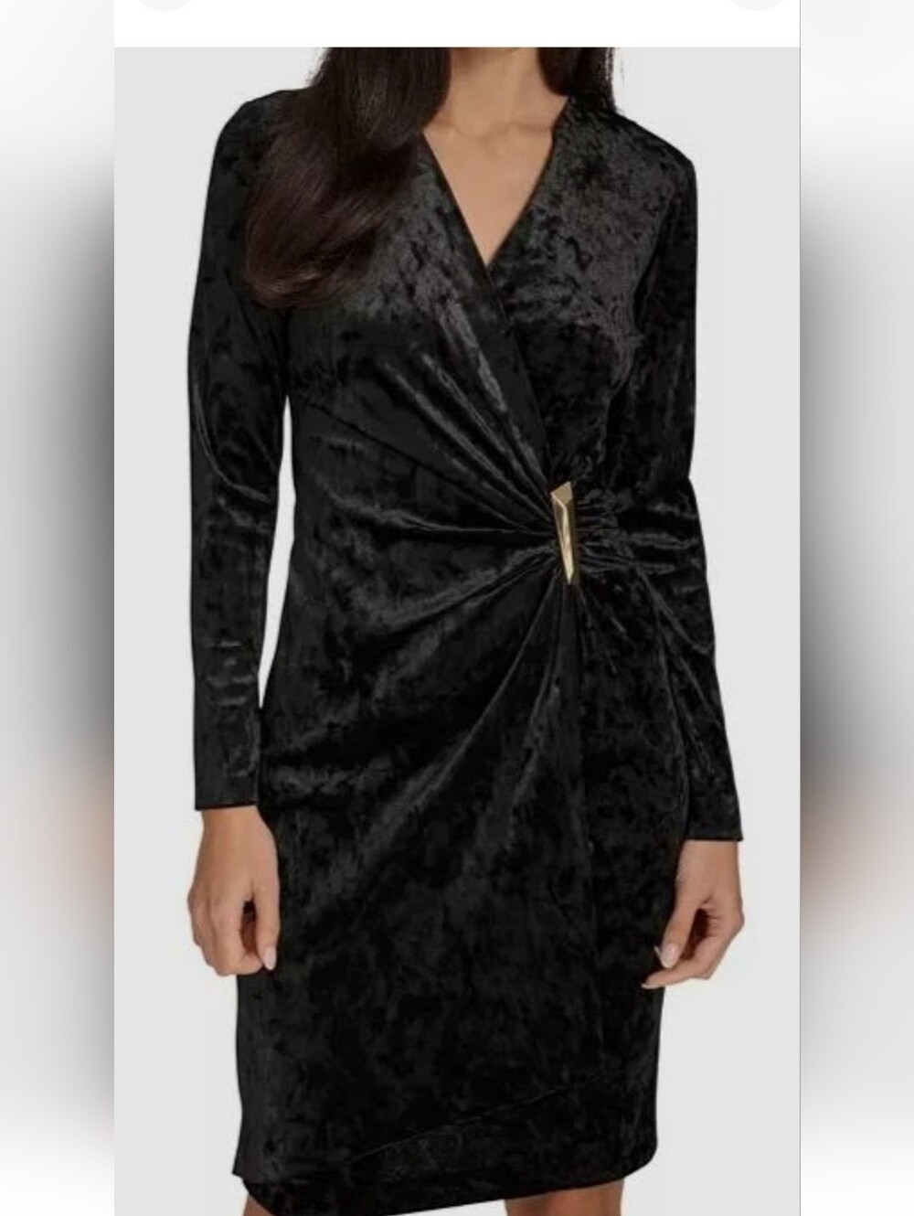 Calvin Klein Black Velvet Long-Sleeve Wrap Dress with Gold Tone Detail